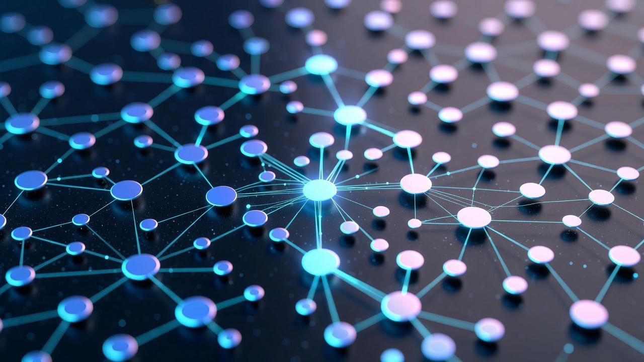 A network of glowing blue and violet nodes connected by luminous edges on a dark background, evoking an orchestration graph of agents.