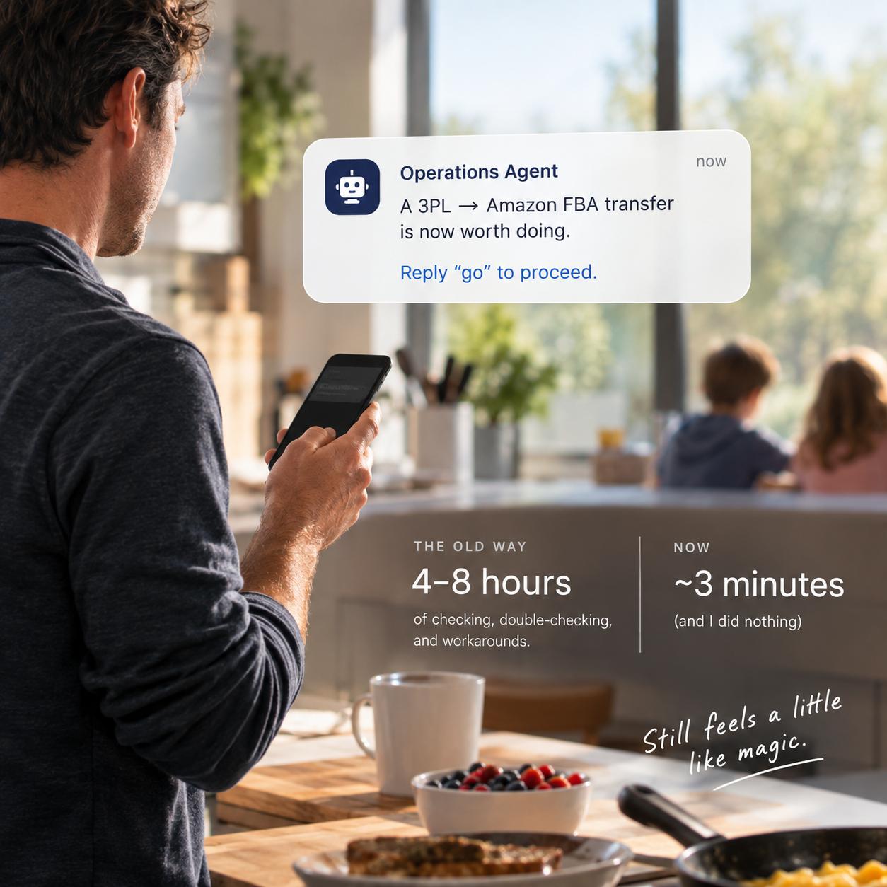 A man in a sunlit kitchen glances at his phone while his kids eat breakfast behind him. A push notification from an Operations Agent reads: A 3PL to Amazon FBA transfer is now worth doing. Reply go to proceed. A caption compares the old way, 4-8 hours, to now, ~3 minutes, with the handwritten line: Still feels a little like magic.